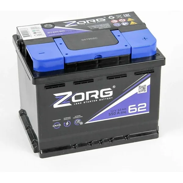 Аккумулятор ZORG 62 Ач 550 А (EN), обратная полярность, LN2