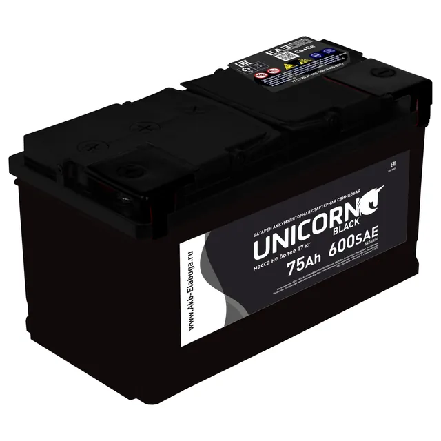 Аккумулятор UNIKORN BLACK 75 Ач 600 А (EN), обратная полярность, LN3