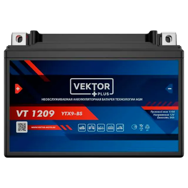 Аккумулятор VEKTOR PLUS 9 Ач 135 А, обратная полярность, YTX9
